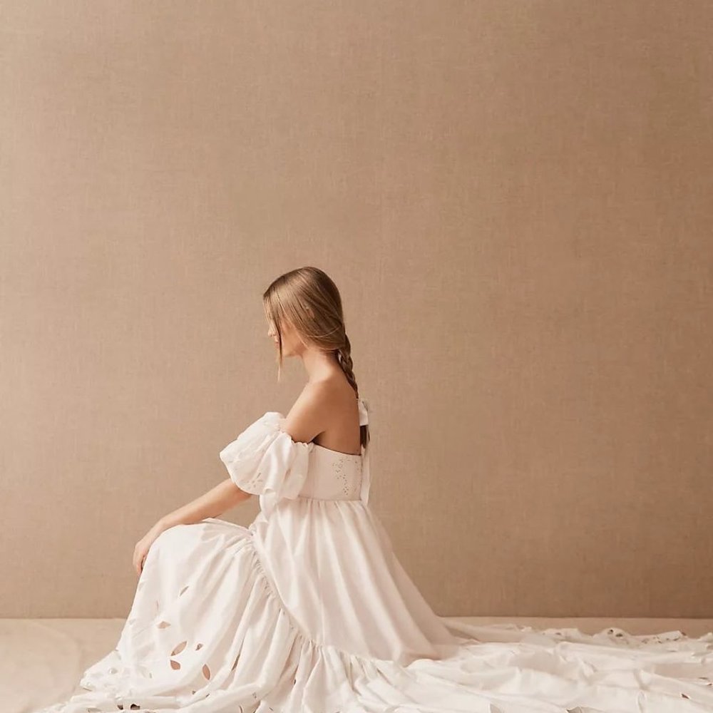 BHLDN Marina Wedding Gown Size 6 Off Shoulder Puffed Sleeve Sample - Picture 9 of 11